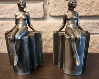 2 ART DECOR 1930'S METAL NUDE LADY BOOKENDS