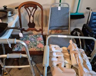 Portable toilet, walker, air compression for legs, various hard back chairs
