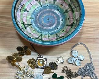 David Sharp Pottery Bowl With Lucky Clover Charms Jewelry