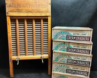 American Paper Co Washboard Wall Hooks And Jacobs Crackers Tins