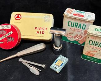 Vintage Medicine Cabinet Stanley Electric Razor, Curette And Tins