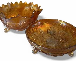 Pair of Marigold Carnival Glass Bowls  Footed Roses  Tree of Life asis