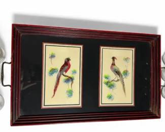 Feather Art Tray and Set of Six GoldRim Glasses