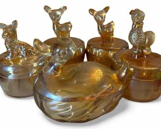 Carnival Glass Animal Figural Powder Jar Lot  Duck, Poodle, Dog  Deer Jars One Deer Bowl Damaged