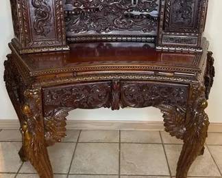 Antique HandCarved Dragon  Floral Writing Desk  Ornate Asian Export Style
