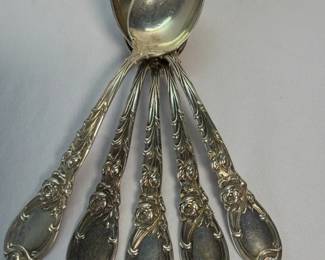 5 Matching Sterling Silver Spoons  Pat. 1902  Ornate Floral Pattern  103.18g Total Weight Inform