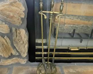 Brass Fireplace Tool Set with Stand and Matching Matchbox Holder