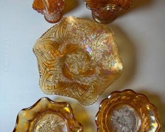 Carnival Glass Lot  Grape Bowls, Baskets, and Decorative Bowl 5 Pieces