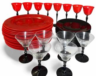 Bold Red  Black Retro Dinnerware  Stemware Set  38 Pieces
