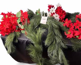 2 NEW Frontgate Holiday Pine Garlands w Red  White Poinsettias  Over 9 Ft Each