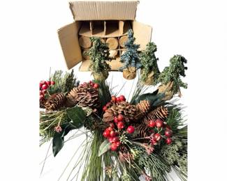 Holiday Centerpieces Lot with Faux Pine, Berries, Pinecones and Box of 12 Mini Trees