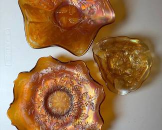 Set of Carnival Glass Bowls  Brilliant Marigold Iridescence One Bowl Cracked