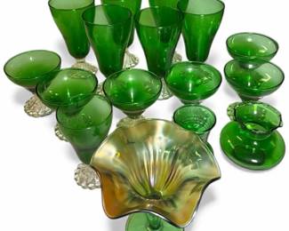 Green Glass Collection with Footed Stems and Iridescent Centerpiece