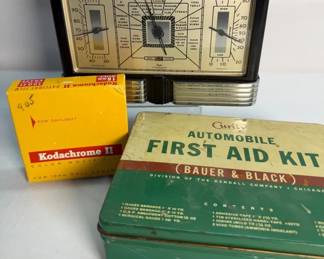Vintage Taylor Stormoguide Weather Station, Curity Automobile First Aid Kit with Contents, and Kodac