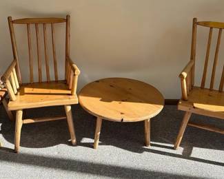 Rustic Log Wood Chair Set with Round Table and Etched Side Stool