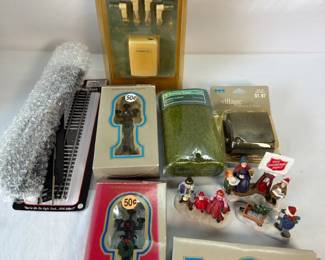 Village Accessories Lot with Lemax Adapter, Dickens Lamp Posts, Figures, Landscaping and Track Piece