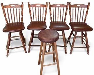 Set of Four Swivel Bar Stools with Spindle Backs and One Matching Round Stool