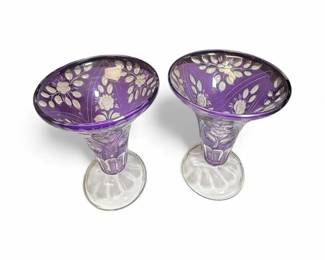 Pair of Purple CuttoClear Bohemian Crystal Trumpet Vases One with Small Chip