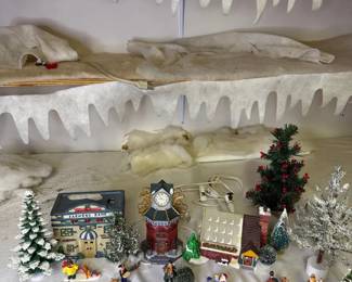 Lighted Christmas Village  Farmers Bank, Clock Tower, Greenhouse, Figures  Trees