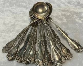 Set of 12 Sterling Silver RoundBowl Ladles  Monogrammed  Ornate Pattern