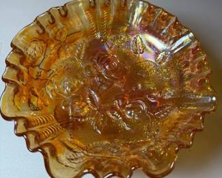 Dugan Marigold Carnival Glass Footed Bowl with DG Mark