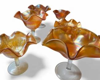 Set of 6 Marigold Carnival Glass Ruffled Bowls  Comports  Mixed Patterns