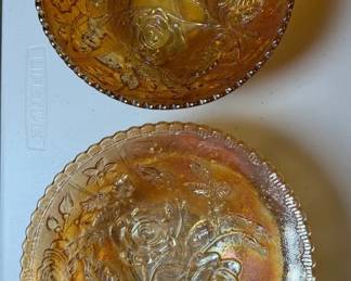Pair of Marigold Carnival Glass Rose Bowls