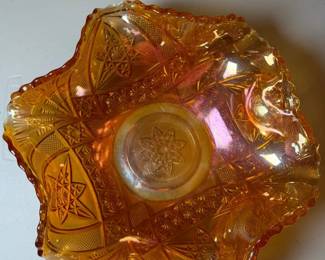Vintage Marigold Carnival Glass Bowl  Sawtooth Edge  Geometric Star Pattern