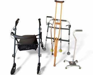 Assorted Mobility Aids  Rollator with Seat, Walkers, Crutches  Quad Cane