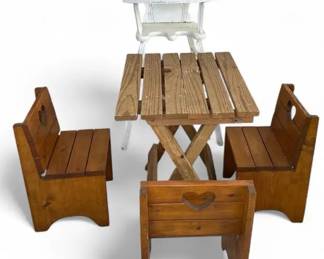 Antique Wooden High Chair and Childs Table Set with HeartBack Chairs