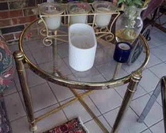 (1) of (2) brass/glass side tables