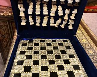 Egyptian themed chess set with mother of pearl inlay