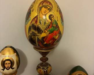 An impressive collection of decorated eggs — Fabergé-style, Slavic, icon-inspired, and other unique artisan pieces.