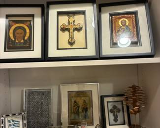 Framed lacquer Orthodox icons and crosses
