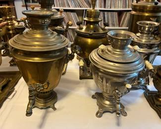 Variety of samovars with beautiful patina and character — each one visually distinct.
