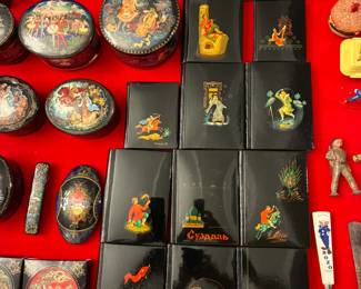 Slavic lacquered trinket boxes, music boxes, and address books