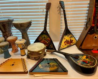 Musical instruments from around the world- balalaikas, zithers, autoharps, darbukas, and more