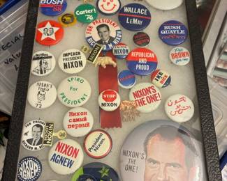 Shadowbox with vintage political badges- Nixon, Reagan, Bush, Carter, Wallace