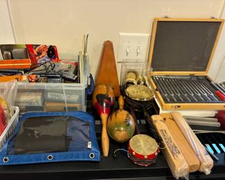 Variety of musical instruments- harmonicas, maracas, finger cymbals, roll up piano keyboard, and tuning forks