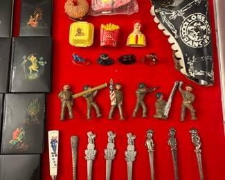 Vintage toys- McDonalds Happy meal toys **SOLD**, Lone Ranger toy gun and holster from the 1950s, toy soldiers, and collectible spoons with Woody Woodpecker, Tony the Tiger, Pluto, and Bozo the Clown