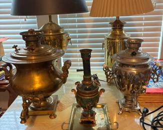 Decorative samovars in assorted styles, ready for collectors or those looking for unique statement pieces.