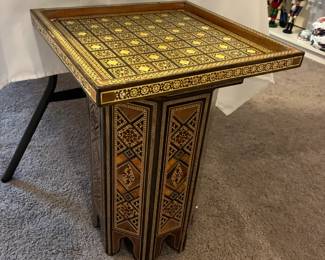 Moorish/Syrian marquetry wood and mother-of-pearl inlaid folding game table