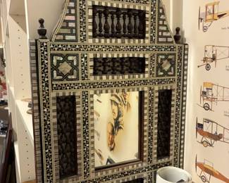 Vintage Egyptian mother-of-pearl and wood inlaid wall mirror