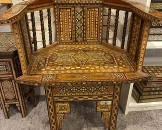 Ornate Syrian armchair with intricate geometric marquetry inlay