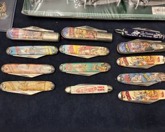 Novelty pocket knives with Roy Rogers, Dale Evans, Davy Crockett, Hopalong Cassidy, and the Lone Ranger and Tonto