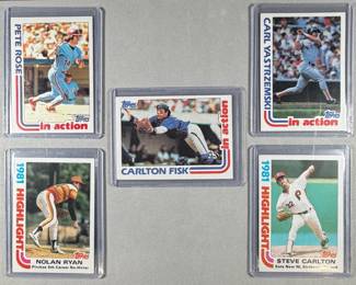 1982 Topps MLB Stars. Fisk 111, Rose 781, Yastrzemski 651, Ryan 5, Carlton 1.