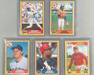 1987 Topps MLB Stars. Henderson 735, Murray 120, Clemens 340, Puckett 450, and Schmidt 597.