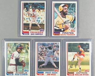 1982 Topps MLB Stars. Winfield 600, Parker 40, Carew 500, Rice 750, and Ryan 90.