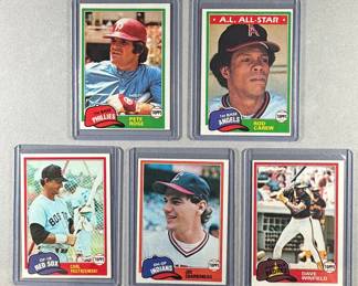 1981 MLB Topps Stars. Rose 180, Carew 100, Yastrzemski 110, Charboneau RC, 13, Winfield 370.