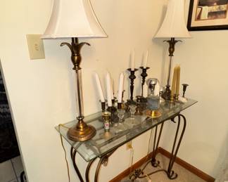 Entry tables, lamps, brass, candlesticks 
